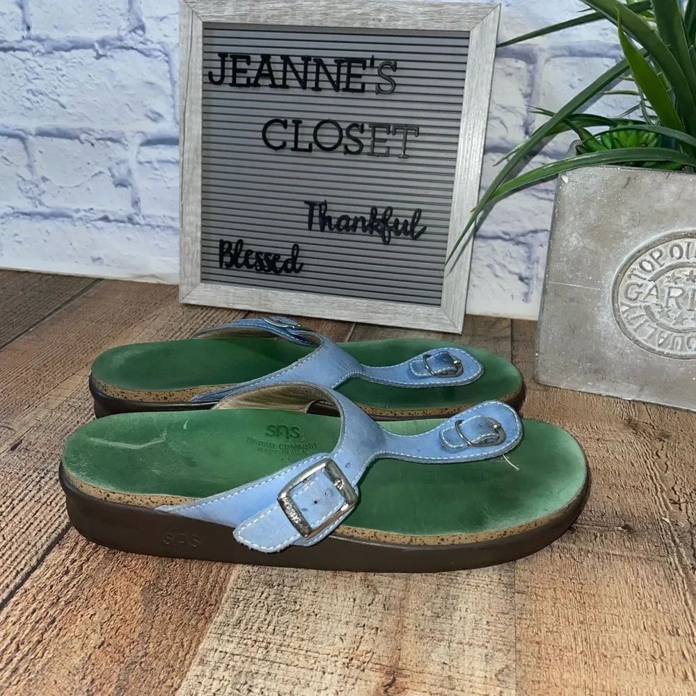SAS Blue And Green Sanibel T-Strap Slide Leather Sandals. Size 11.